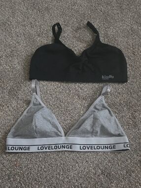 2 Bra's Kindly Yours Black Wireless Bralette & LoveLounge Gray Triangle Bralette